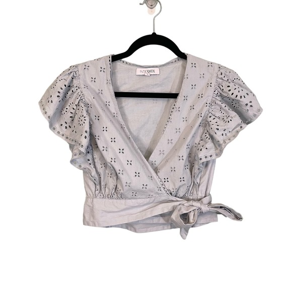 INTERMIX Blouse 4 Lilian Surplice Eyelet Flutter Sleeve Wrap Top Cotton Blue - Picture 1 of 11